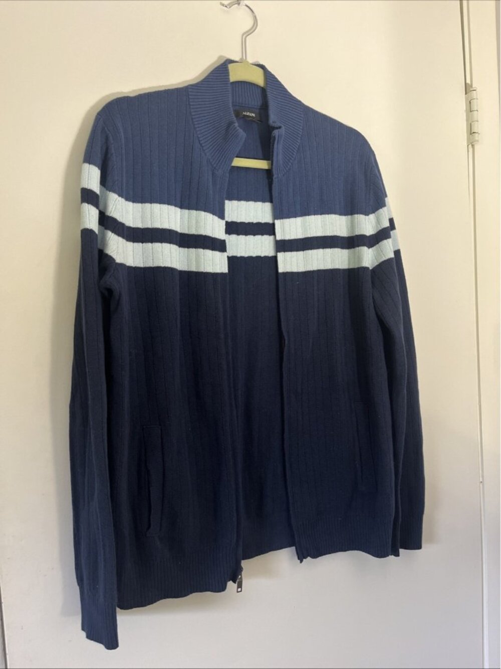 Alfani Men’s Medium Blue Striped Cardigan Zip Up Sweater